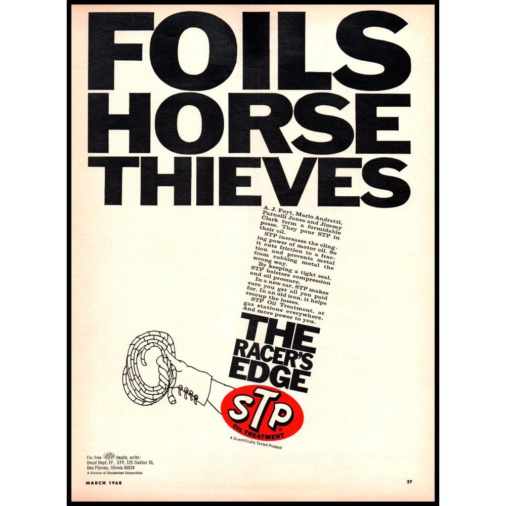1968 STP Oil Treatment The Racer's Edge Vintage Print Ad Horse Thieves Wall Art